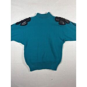 Vintage Teal Sweater With Black Shoulder Appliques & Ribbed Crew Neck size 8